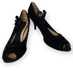 LINDSAY PERRY Velvet Leather Peep Toe Pumps Black Tied Side Size 40